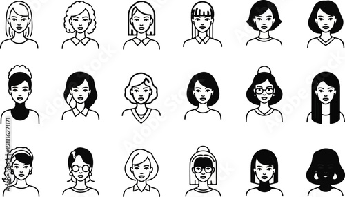 A collection of diverse female avatars, each with unique hairstyles and simple attire