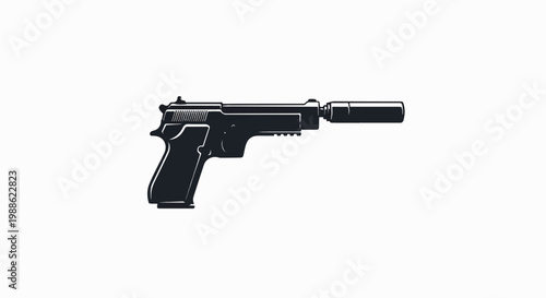Silhouette of a handgun with a silencer attached, on a white background