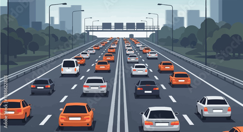 A vast highway clogged with cars, stretching towards distant city skyscrapers