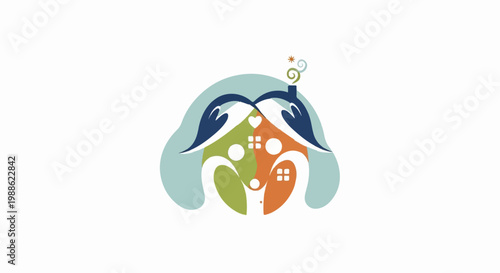 Stylized house with nurturing hands, heart, and figures, in calming colors