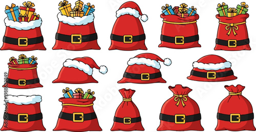 Red gift bags with white trim and belts, some filled with colorful presents