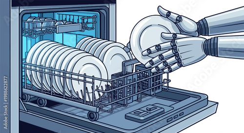 Robotic hands load dishes into a dishwasher