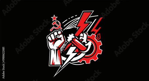 Fist, hammer, sickle, gear, and lightning bolts symbolize revolution and industry