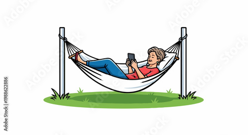 A woman relaxes in a hammock, reading on a digital device, surrounded by grass and secured by posts
