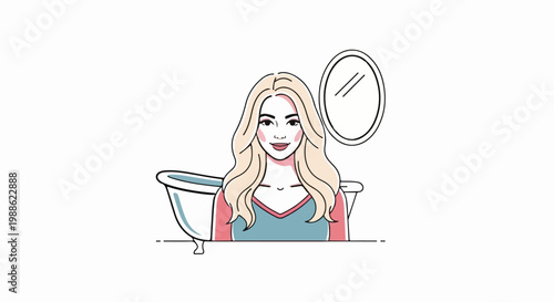 A woman with blonde wavy hair sits in front of a bathtub and a mirror