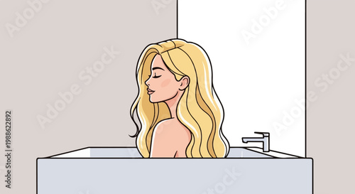 A woman with blonde wavy hair relaxes in a bathtub with a faucet