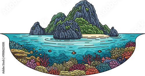 Lush green islands rise from a turquoise sea, revealing a vibrant coral reef teeming with life below