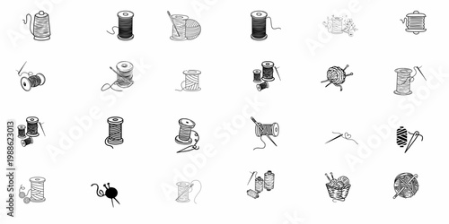 Minimalist Sewing and Knitting Icon Collection – Hand Drawn Thread Spools Needle and Yarn Sketches for Craft Branding and Tailor Shop Design
