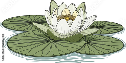 A detailed illustration of a white water lily floating on a pond with lily pads