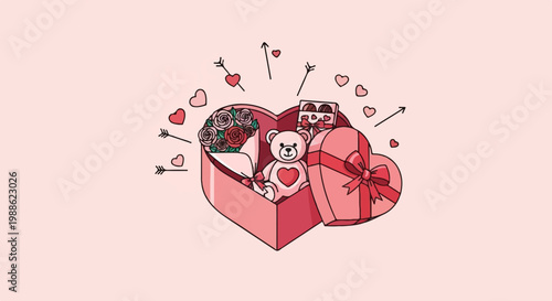 A heart-shaped gift box overflows with roses, a teddy bear, and chocolates, adorned with cupid's arrows and hearts