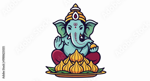 Cartoon elephant deity with offerings on a platter