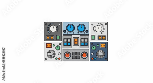 A colorful assortment of electronic control panel modules with knobs and switches