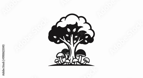 Stylized black and white illustration of a tree with mushrooms at its base