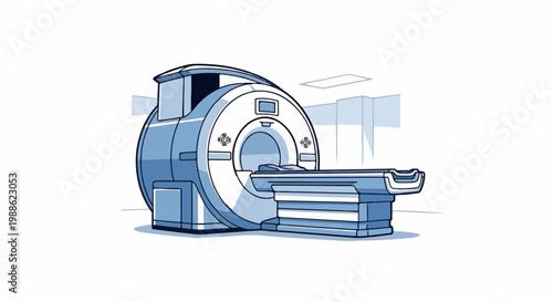 Medical imaging machine in a sterile room, with a table for a patient