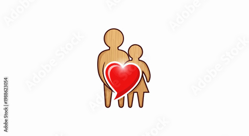 Wooden figures of a parent and child embracing a glowing red heart