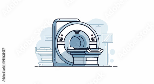 Medical scanner with bed and monitor in a simplified, clean style