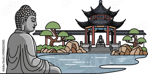 Serene garden scene with a large Buddha statue, pagoda, pond, rocks, and bonsai trees