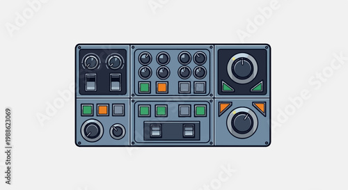 A vintage-style digital illustration of a complex control panel with knobs, buttons, and switches
