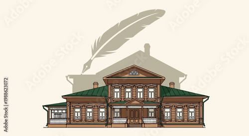 A vintage wooden house with a large quill pen and inkwell illustration