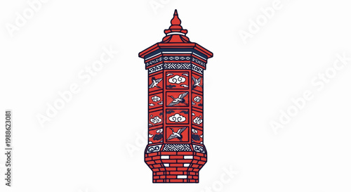 Ornate red lantern with cranes in flight and cloud motifs