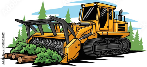 Heavy yellow machinery mulches green vegetation and logs amidst trees under a blue sky