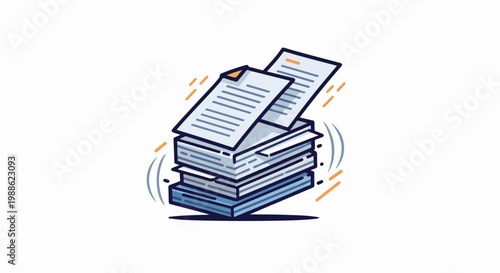 Stack of papers with text and lines, with abstract orange and blue elements