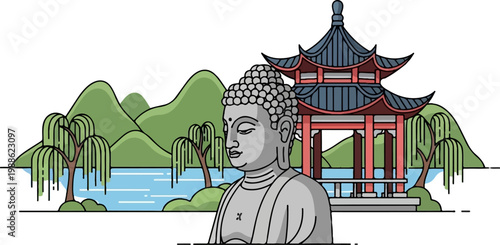 Serene scene with Buddha statue, pagoda, willow trees, and rolling hills by a calm lake