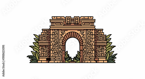 Ancient stone archway with intricate carvings, flanked by lush green foliage