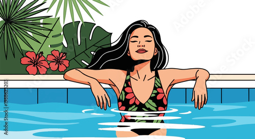 Woman relaxes in pool surrounded by tropical plants and flowers