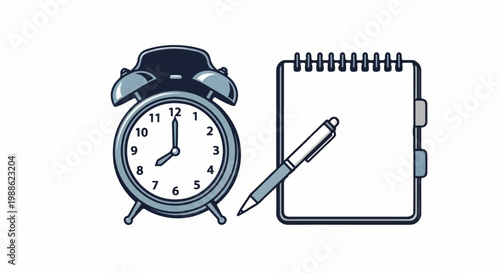 Vintage alarm clock next to a notepad with a pen, depicting time and planning