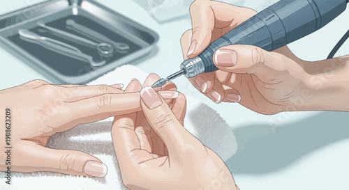 Close-up of hands during a professional manicure session using an electric nail file
