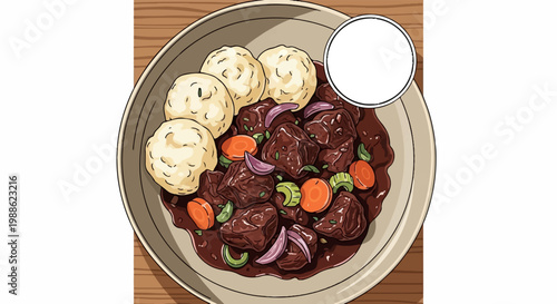 Hearty stew with tender meat, fluffy dumplings, and vibrant vegetables