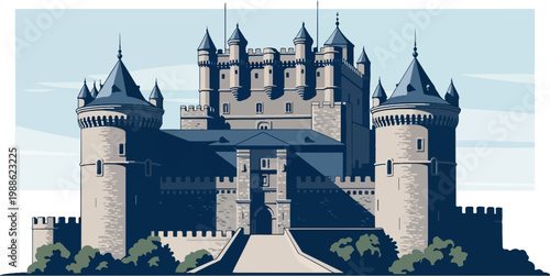 A grand, imposing castle with conical towers and crenellated battlements under a pale blue sky