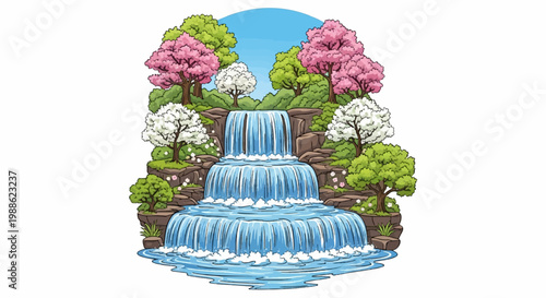 Serene multi-tiered waterfall cascades amidst lush trees in full bloom