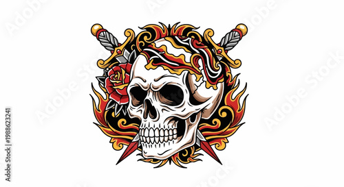 Fierce skull adorned with roses, crossed daggers, and fiery flourishes in a bold style