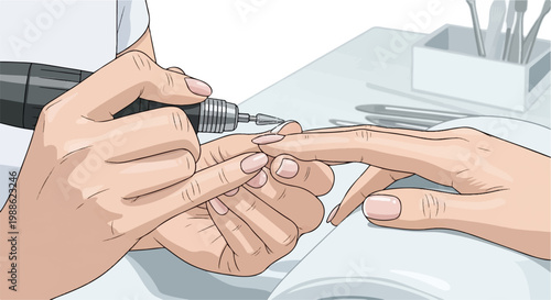 Close-up of hands receiving nail care with an electric file and manicure tools