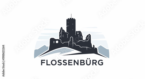 Silhouette of a ruined castle atop a hill against a stylized sky