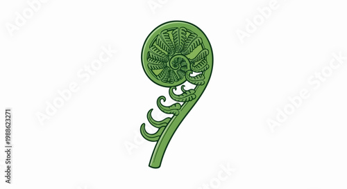 A stylized green fern frond unfurls in a spiral pattern against a white background