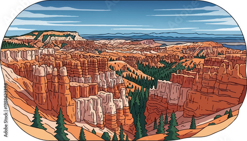 Stylized cartoon of a vast orange canyon with distinct rock formations and distant mountains