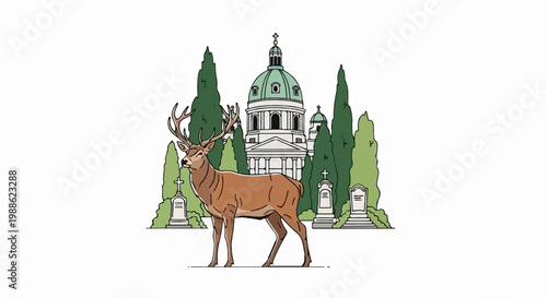 A majestic deer stands before a grand domed building, surrounded by cypress trees and gravestones