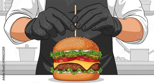 A close-up of a chef in black gloves preparing a layered burger with lettuce, tomato, pickles, and cheese
