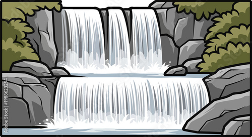 A stylized, multi-tiered waterfall cascades over rocky ledges surrounded by lush greenery and flowing water