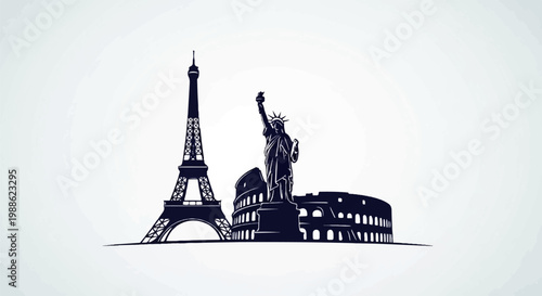 Silhouette of iconic landmarks Eiffel Tower, Statue of Liberty, and Colosseum