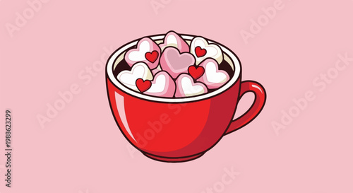 A red mug overflows with heart-shaped marshmallows on a pink background