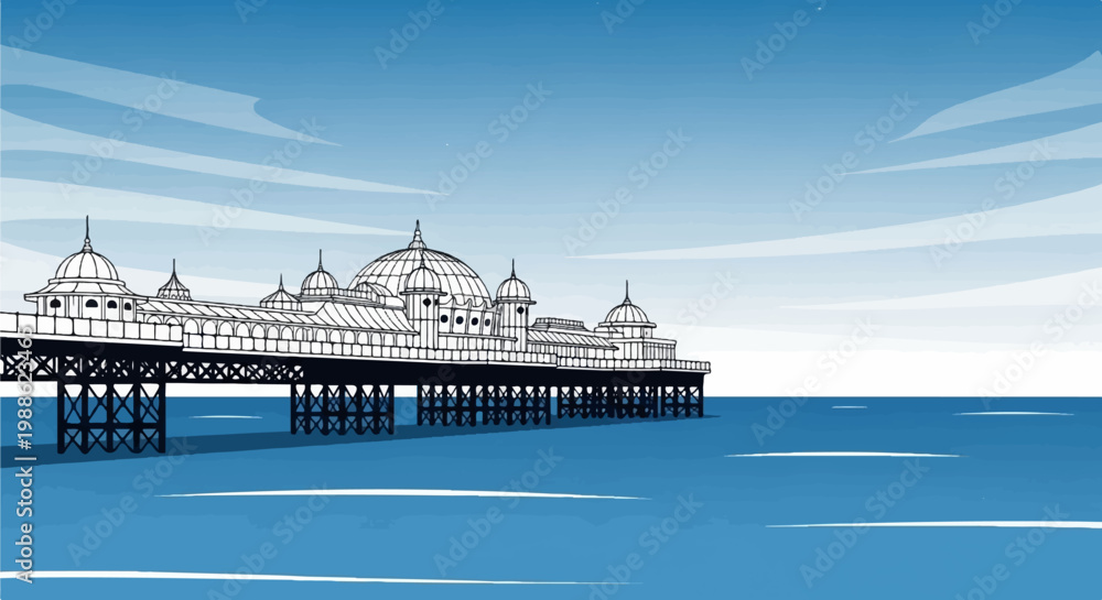 Fototapeta premium A stylized drawing of a grand pier jutting out into the blue ocean under a cloudy sky