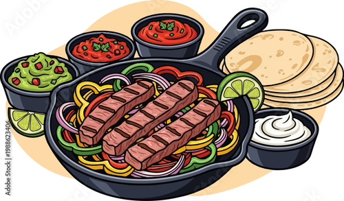 Sizzling fajitas with grilled meat, colorful peppers, onions, tortillas, salsa, guacamole, and sour cream