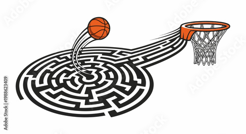 Basketball hoop and net illustration with a basketball mid-air above a circular maze