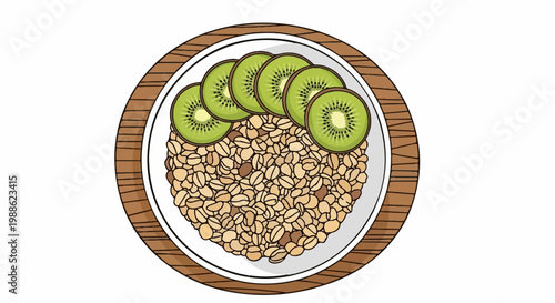 A bowl of crunchy cereal topped with fresh kiwi slices, presented on a wooden charger