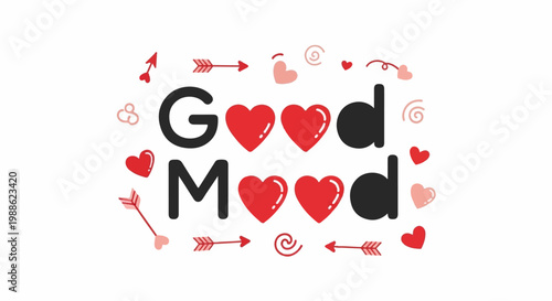 Bold text "GOOD MOOD" framed by playful heart and arrow graphics