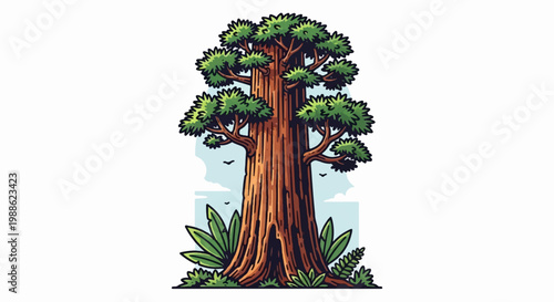 A large, ancient redwood tree stands tall with green foliage and a hollow at its base